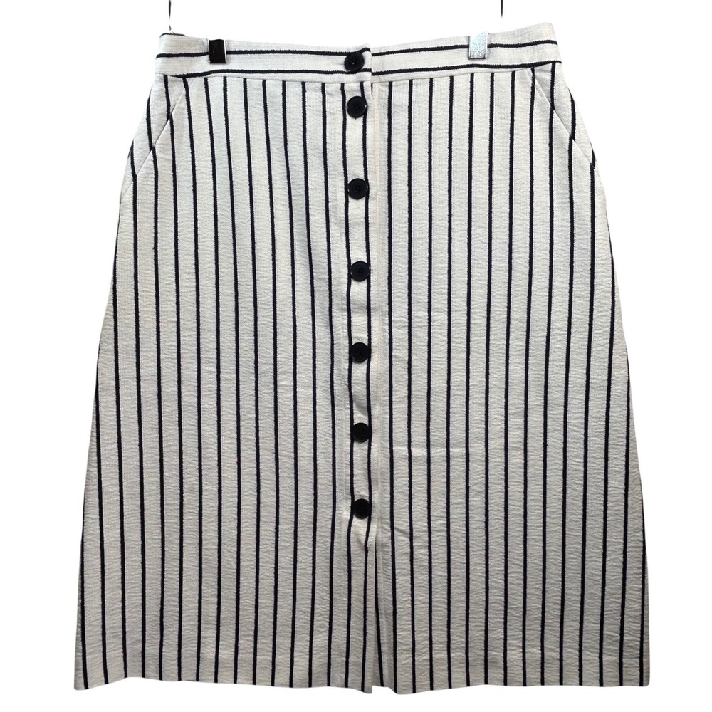 Talbots Womens Size 8 Skirt White Navy Blue Striped Button Front A-Line Pockets